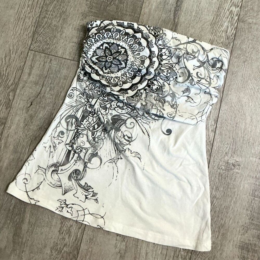 Full Tilt Y2K White Black Graphic Rhinestone Strapless Tube Top